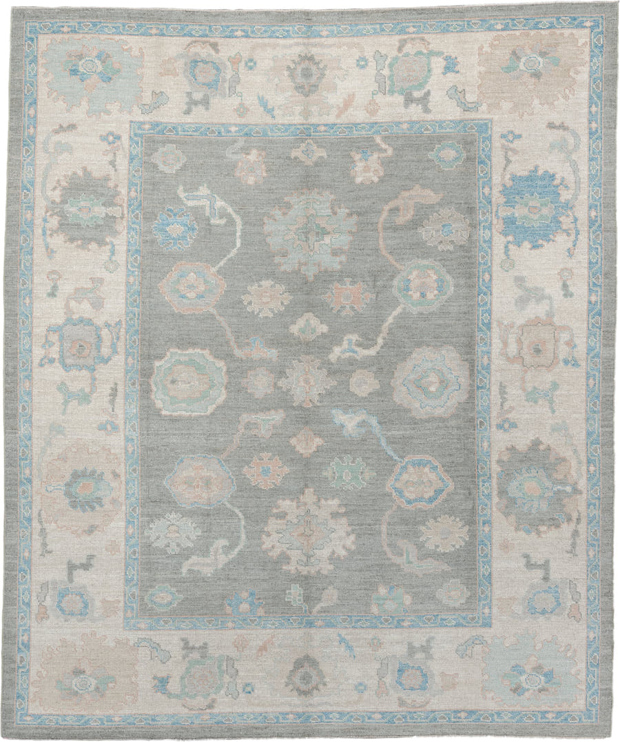 8' x 10' one-of-a-kind handmade vintage Oushak large size rug. Color palette: gray, ivory, pale aqua, taupe, blush, beige