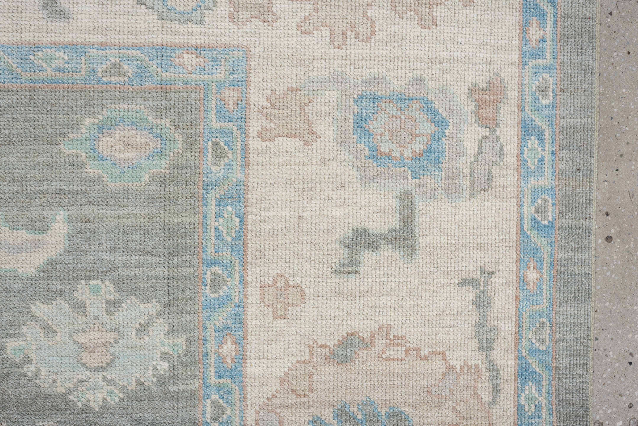 8' x 10' one-of-a-kind handmade vintage Oushak large size rug. Color palette: gray, ivory, pale aqua, taupe, blush, beige