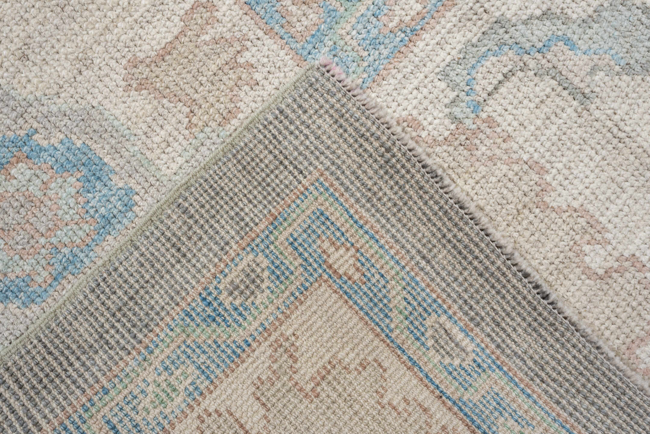 8' x 10' one-of-a-kind handmade vintage Oushak large size rug. Color palette: gray, ivory, pale aqua, taupe, blush, beige