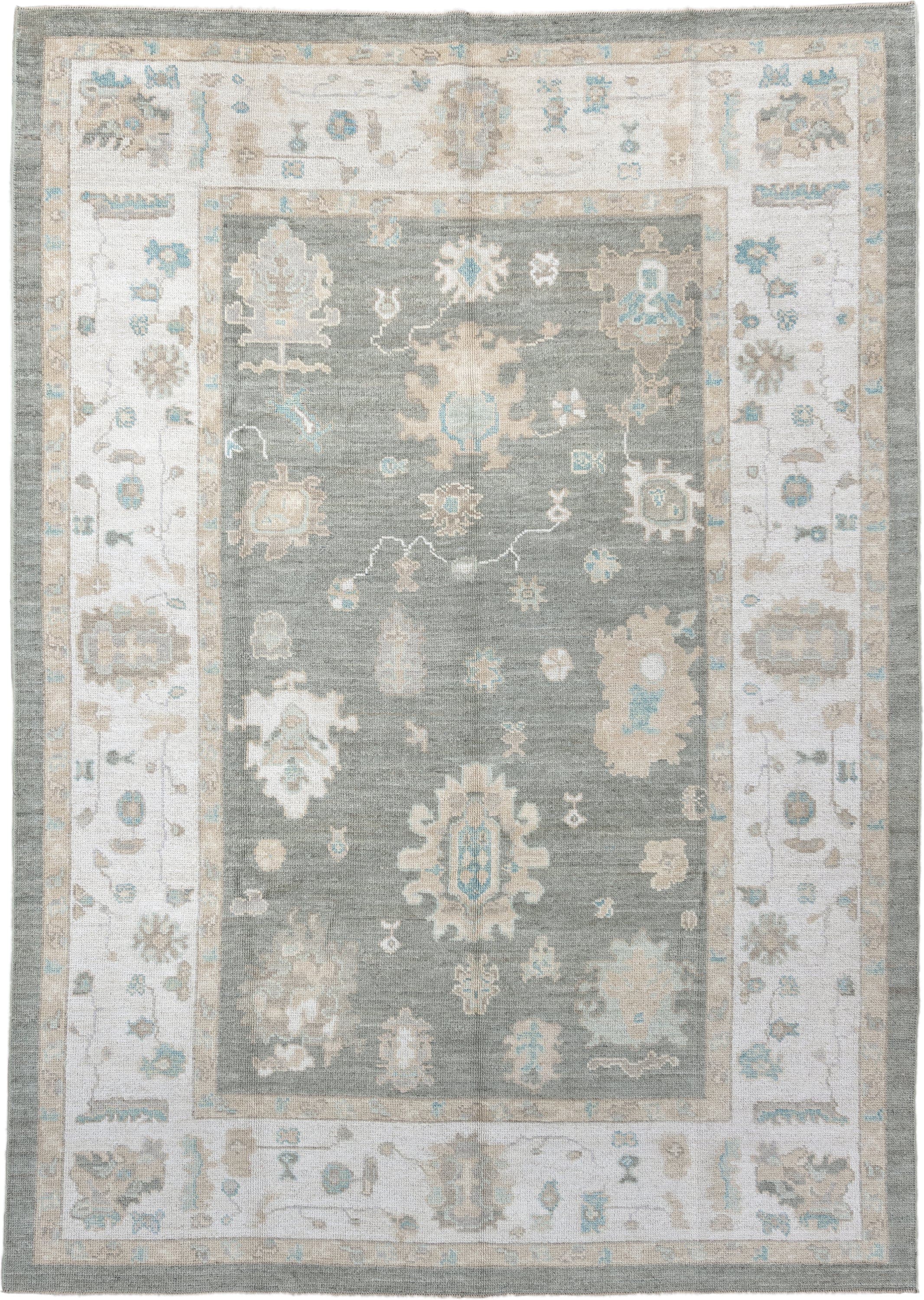 7' x 10' one-of-a-kind handmade vintage Oushak large size rug. Color palette: gray, ivory, sky blue, taupe, beige, cream