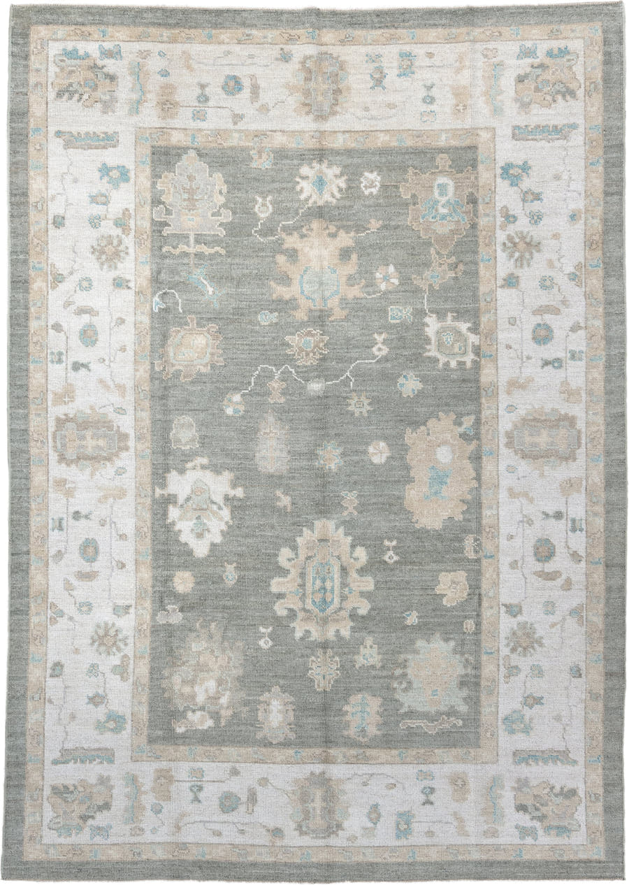 7' x 10' one-of-a-kind handmade vintage Oushak large size rug. Color palette: gray, ivory, sky blue, taupe, beige, cream