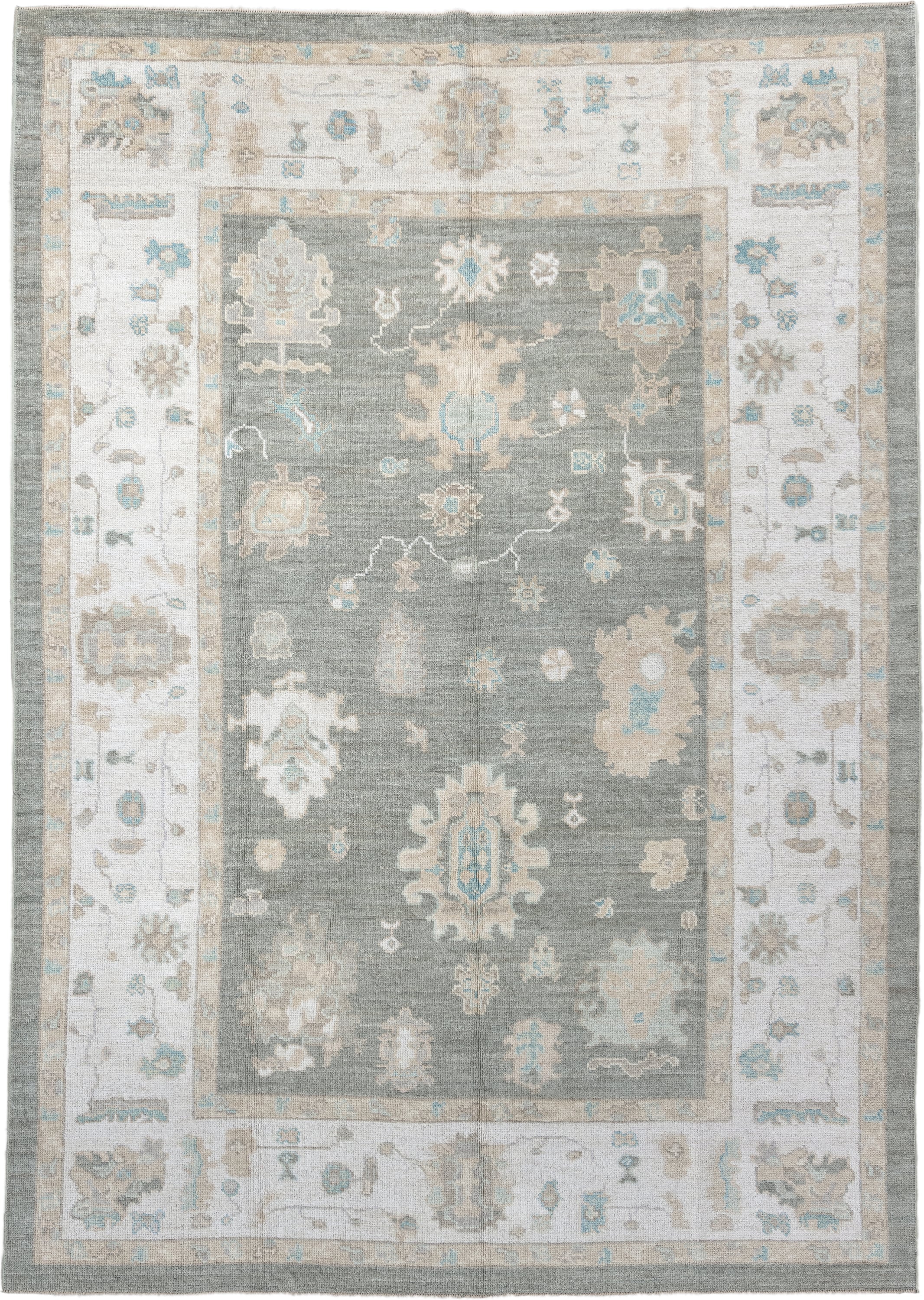 7' x 10' one-of-a-kind handmade vintage Oushak large size rug. Color palette: gray, ivory, sky blue, taupe, beige, cream