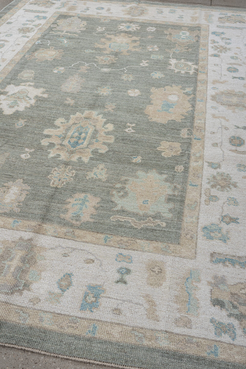 7' x 10' one-of-a-kind handmade vintage Oushak large size rug. Color palette: gray, ivory, sky blue, taupe, beige, cream