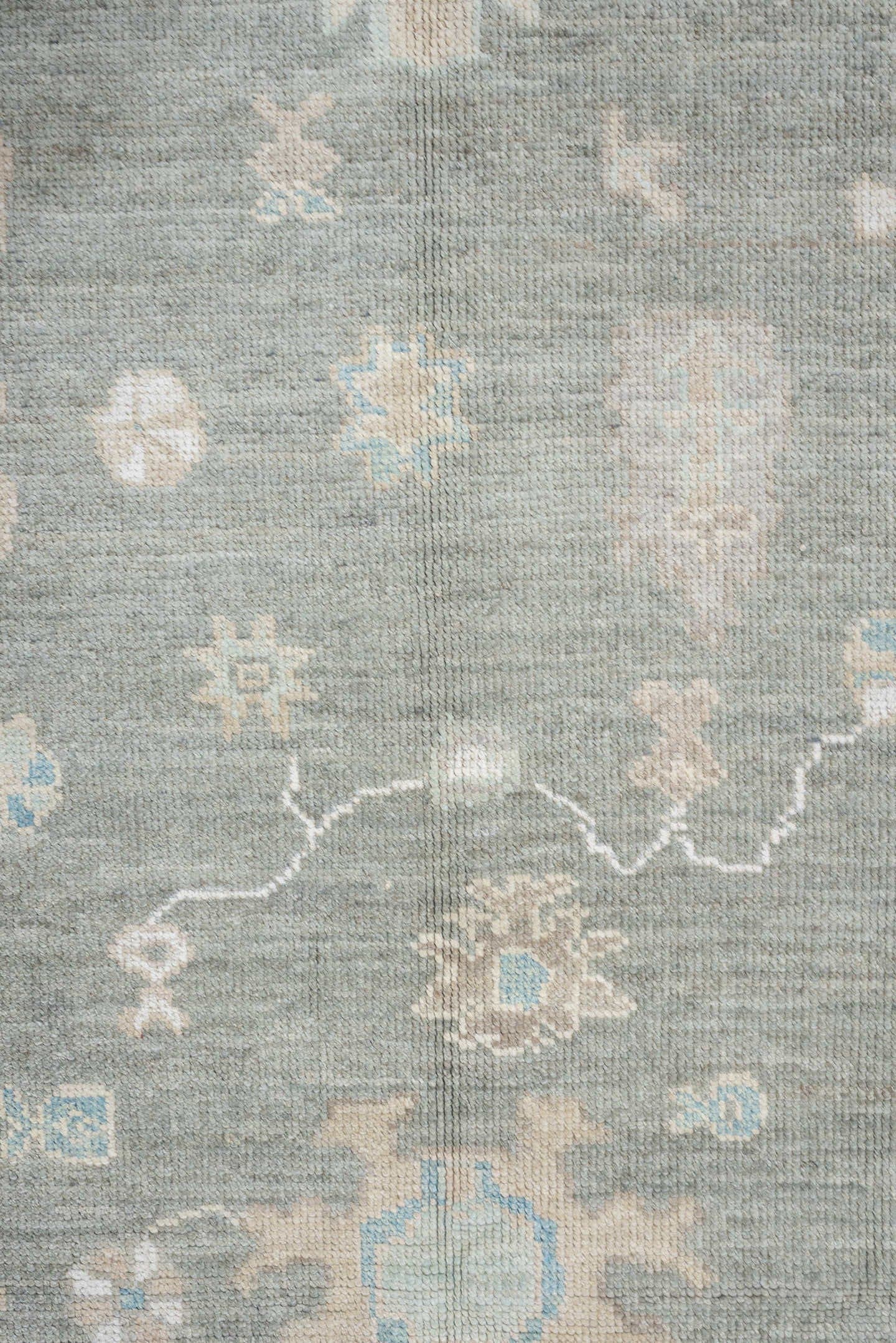 7' x 10' one-of-a-kind handmade vintage Oushak large size rug. Color palette: gray, ivory, sky blue, taupe, beige, cream