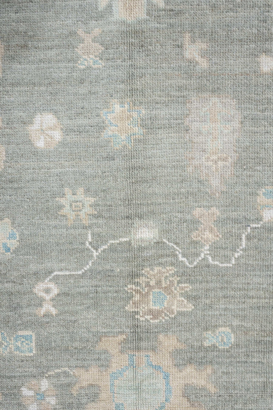 7' x 10' one-of-a-kind handmade vintage Oushak large size rug. Color palette: gray, ivory, sky blue, taupe, beige, cream