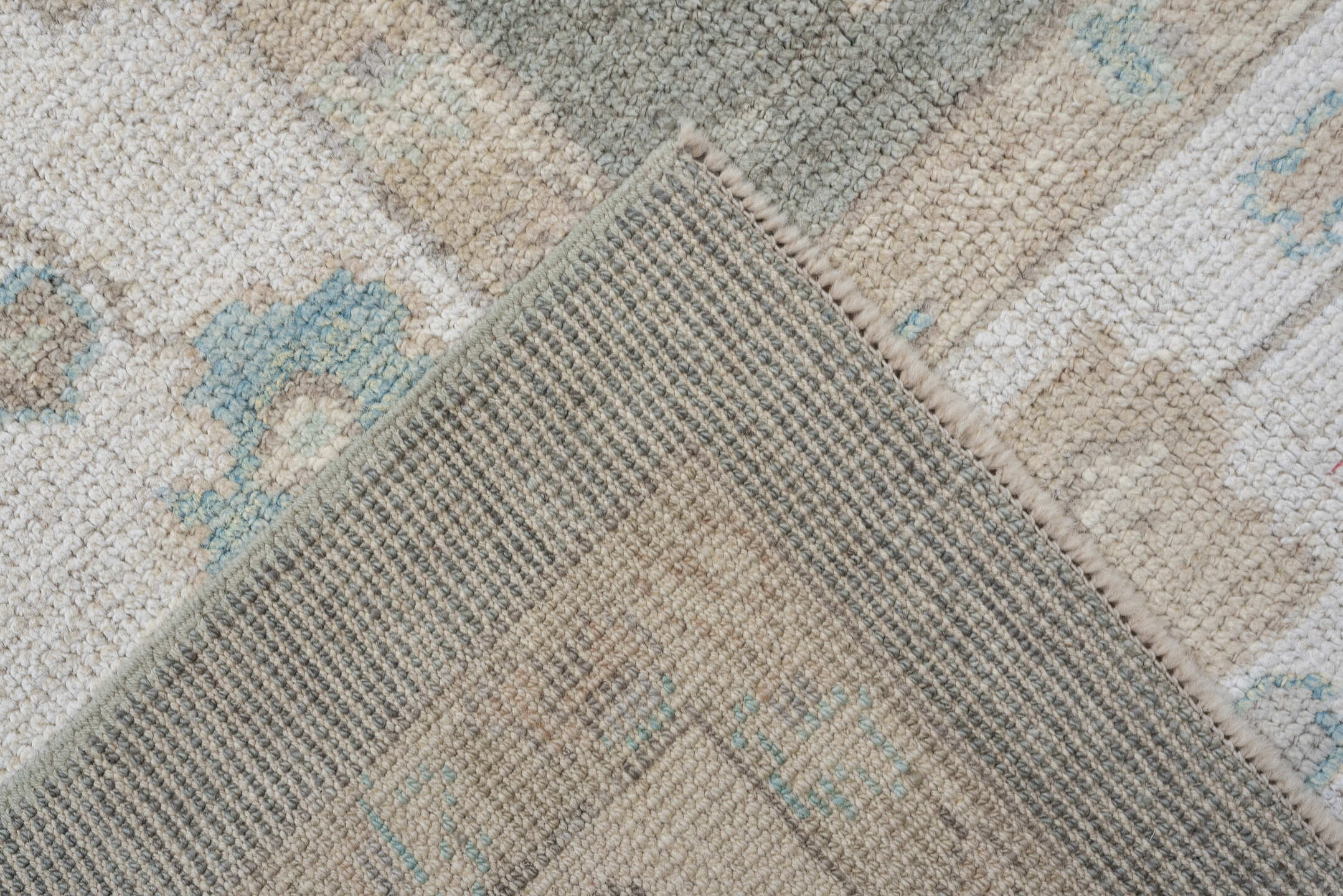7' x 10' one-of-a-kind handmade vintage Oushak large size rug. Color palette: gray, ivory, sky blue, taupe, beige, cream