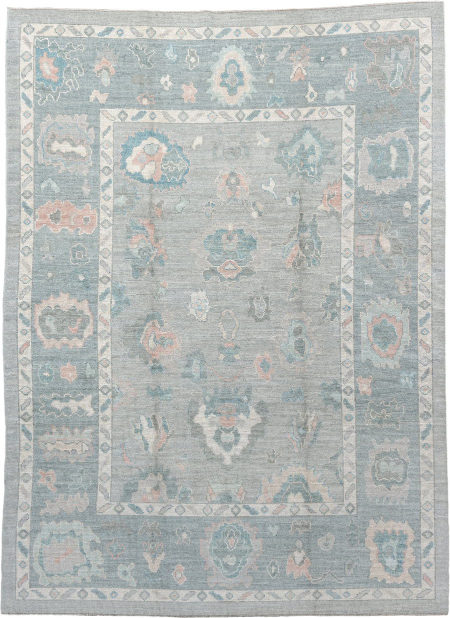 7' x 10' one-of-a-kind handmade vintage Oushak large size rug. Color palette: blue_gray, ivory, aqua, blush, taupe, sage