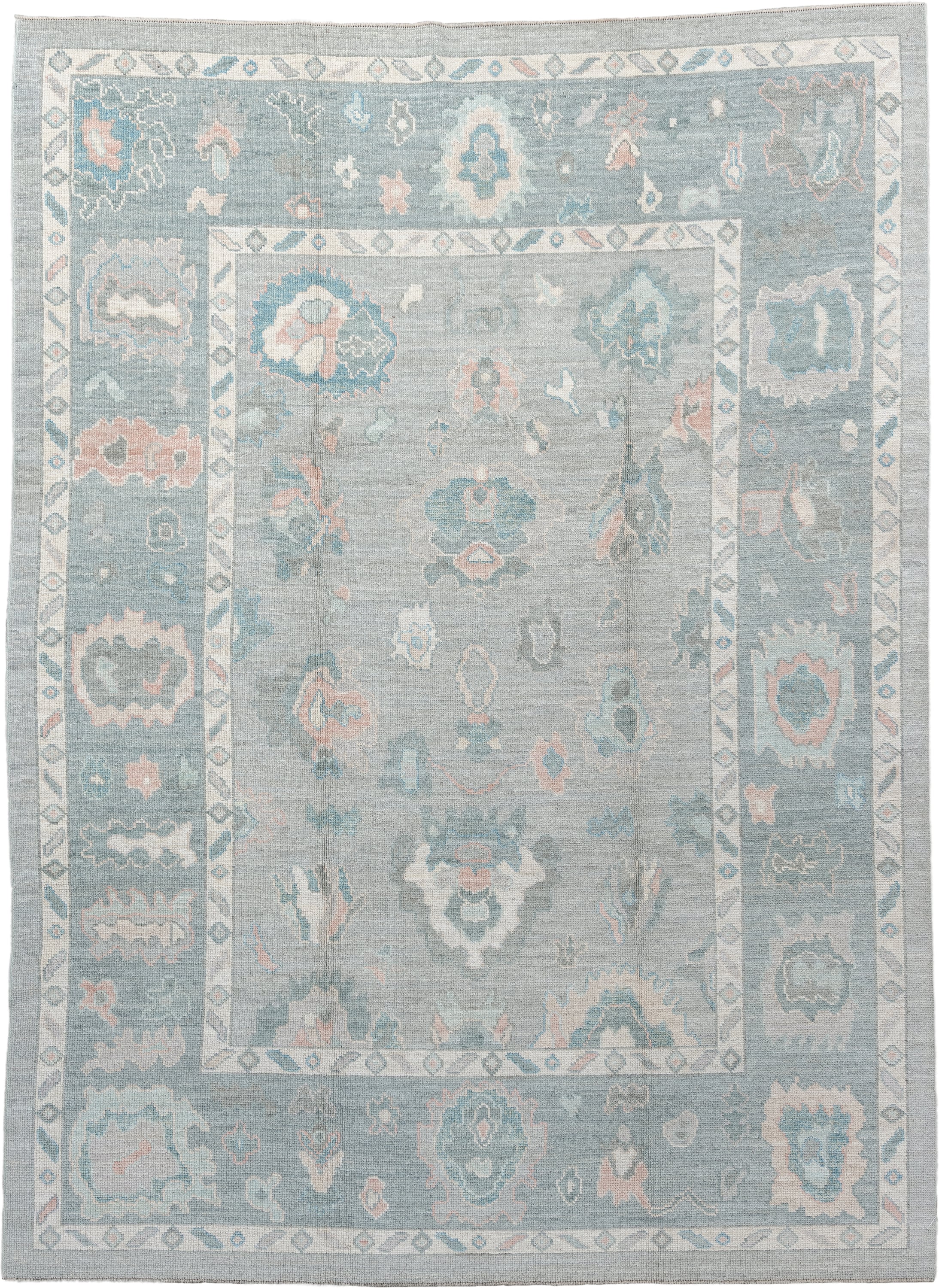 7' x 10' one-of-a-kind handmade vintage Oushak large size rug. Color palette: blue_gray, ivory, aqua, blush, taupe, sage