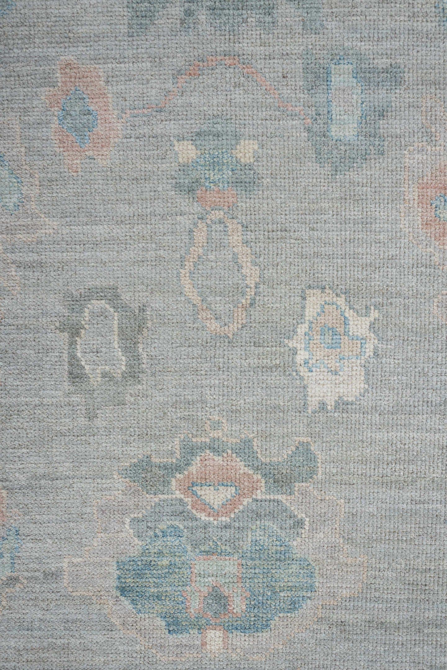 7' x 10' one-of-a-kind handmade vintage Oushak large size rug. Color palette: blue_gray, ivory, aqua, blush, taupe, sage
