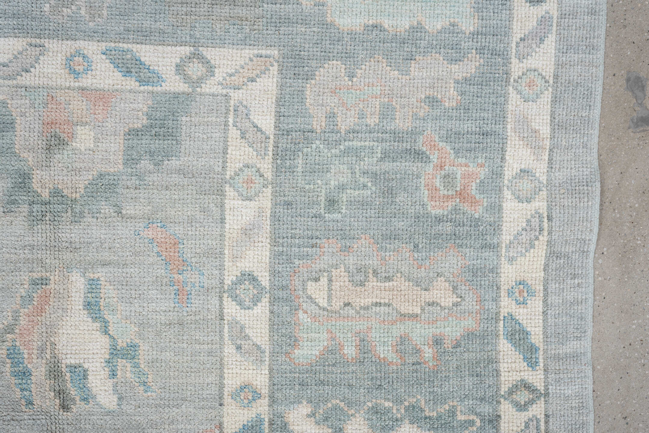 7' x 10' one-of-a-kind handmade vintage Oushak large size rug. Color palette: blue_gray, ivory, aqua, blush, taupe, sage