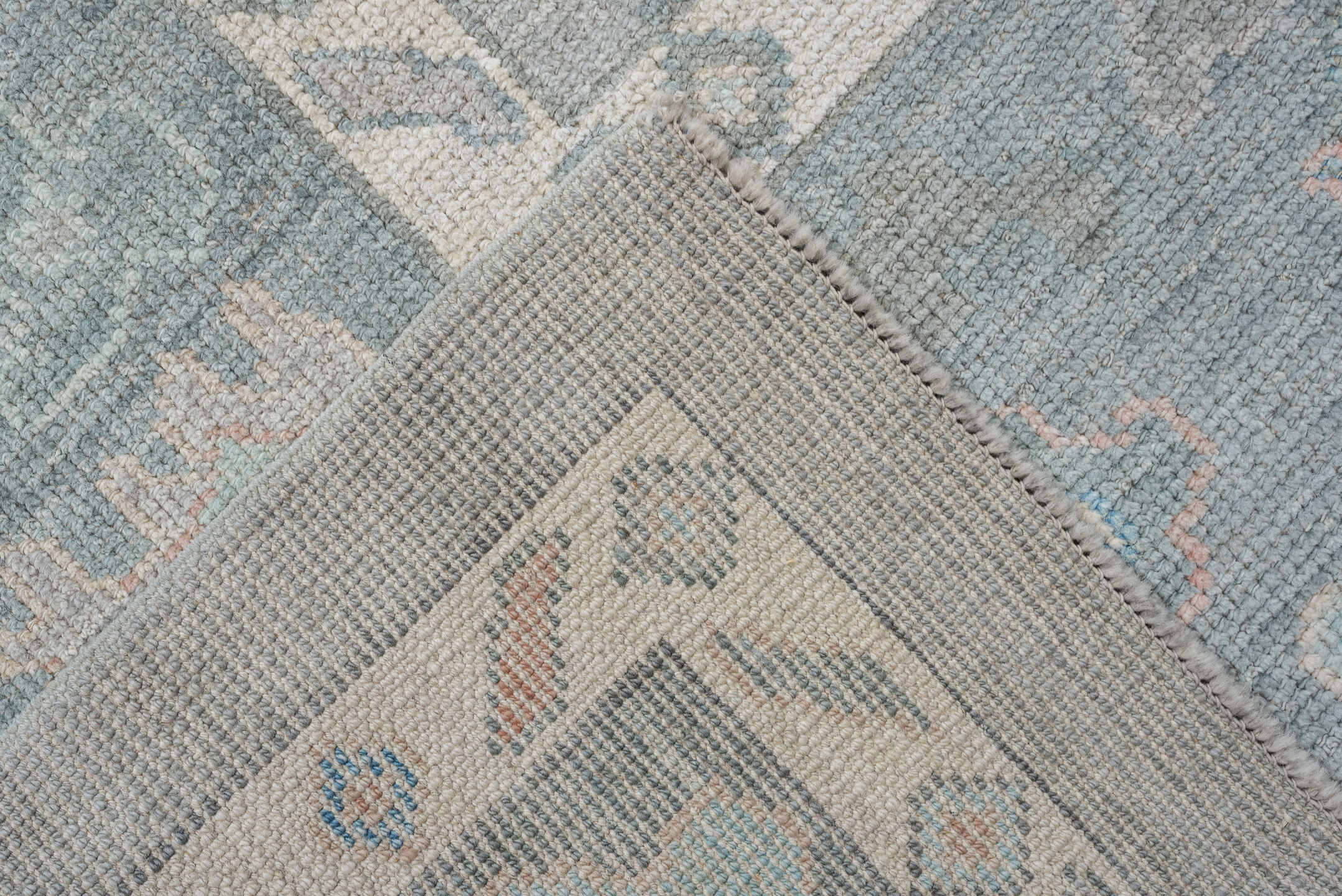7' x 10' one-of-a-kind handmade vintage Oushak large size rug. Color palette: blue_gray, ivory, aqua, blush, taupe, sage