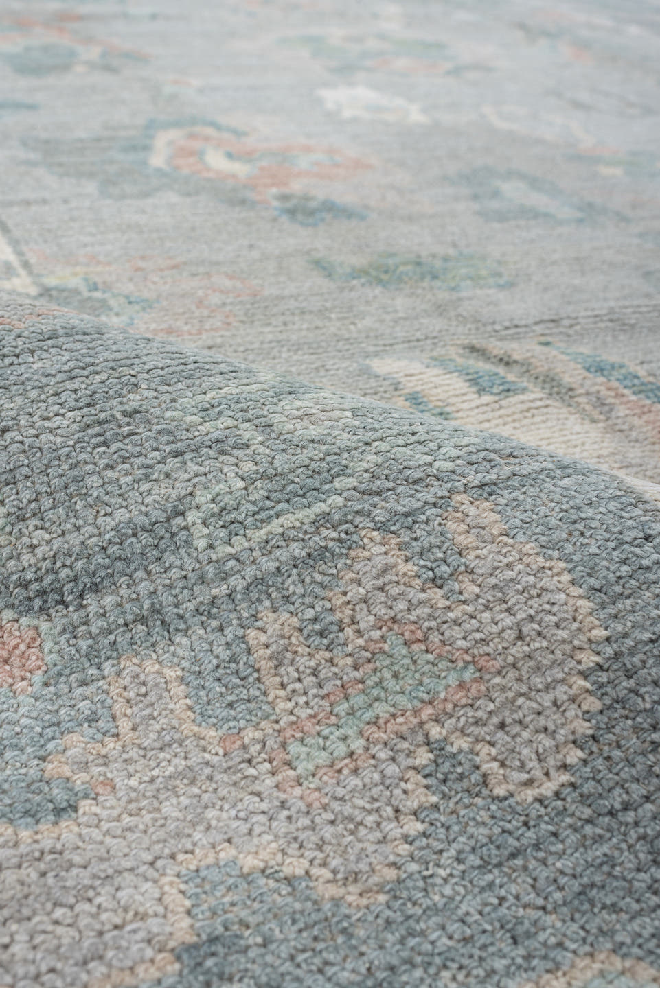 7' x 10' one-of-a-kind handmade vintage Oushak large size rug. Color palette: blue_gray, ivory, aqua, blush, taupe, sage