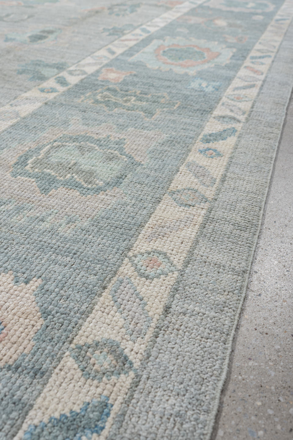 7' x 10' one-of-a-kind handmade vintage Oushak large size rug. Color palette: blue_gray, ivory, aqua, blush, taupe, sage