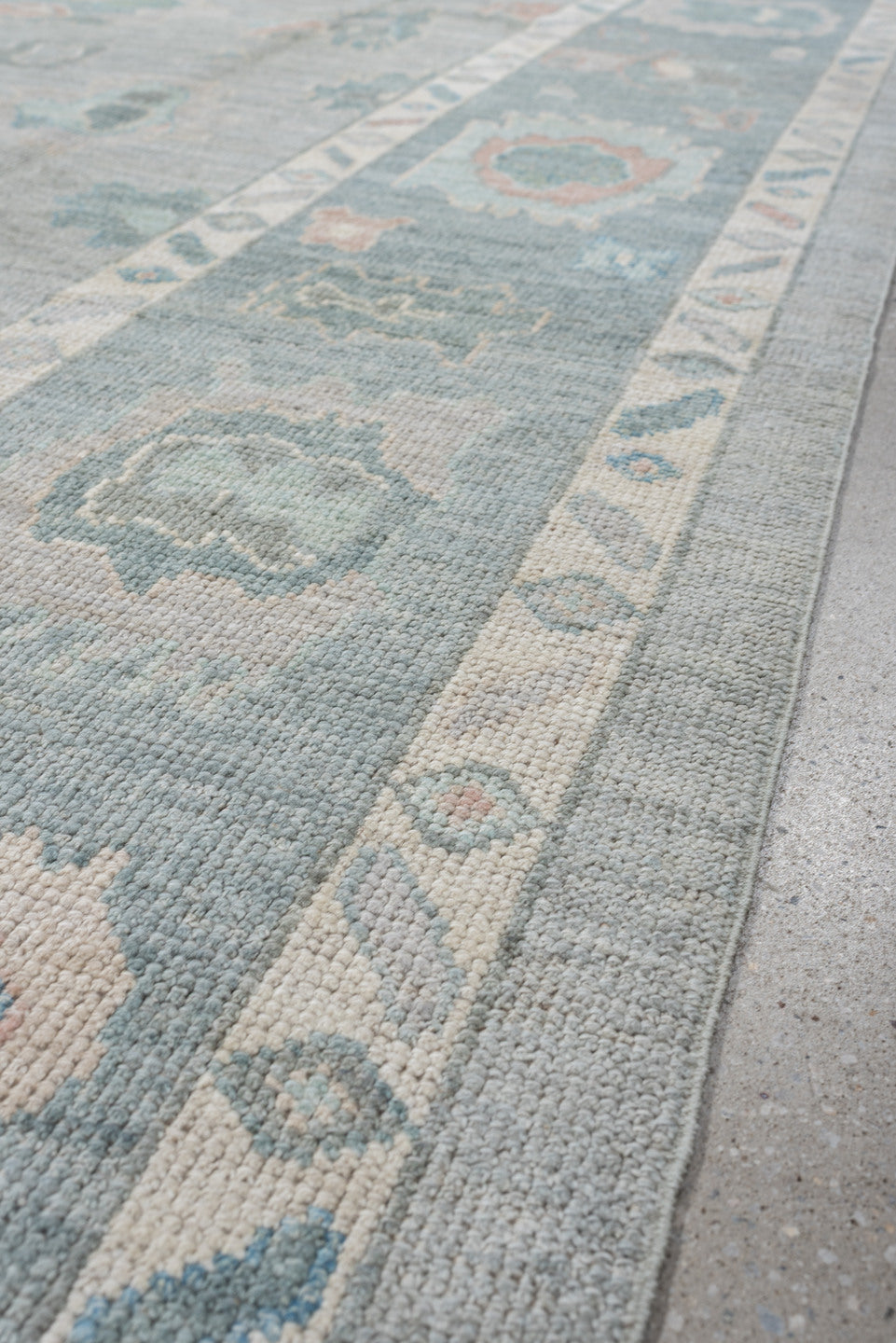 7' x 10' one-of-a-kind handmade vintage Oushak large size rug. Color palette: blue_gray, ivory, aqua, blush, taupe, sage