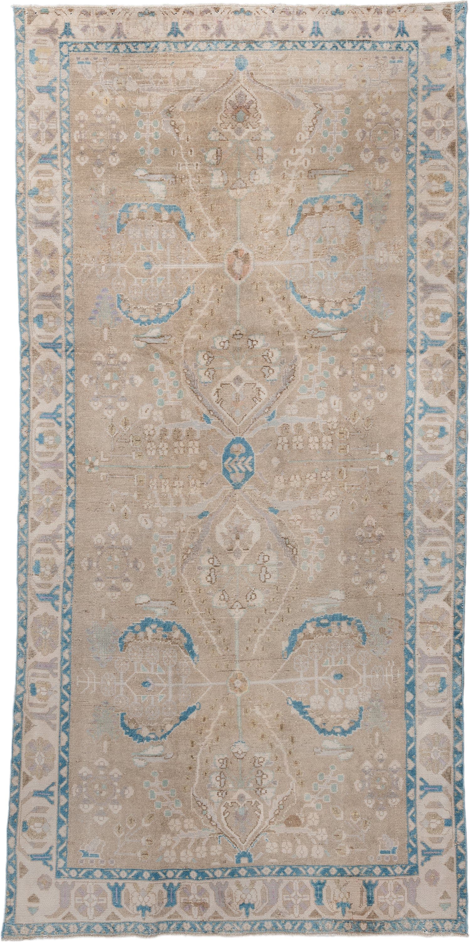 4' x 9' one-of-a-kind handmade antique Hamadan runner rug. Color palette: taupe, ivory, sky blue, beige, sand, pale aqua