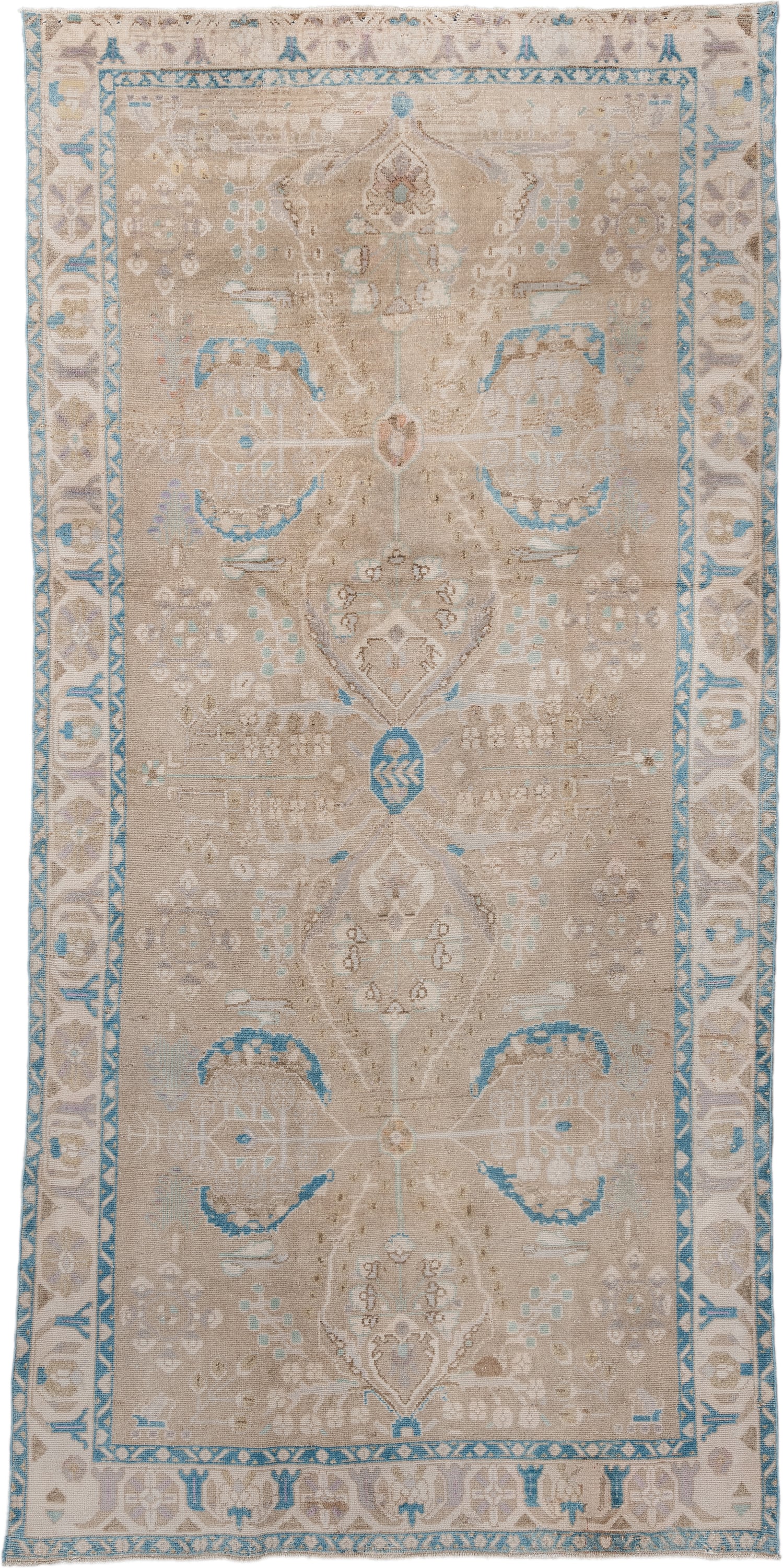 4' x 9' one-of-a-kind handmade antique Hamadan runner rug. Color palette: taupe, ivory, sky blue, beige, sand, pale aqua