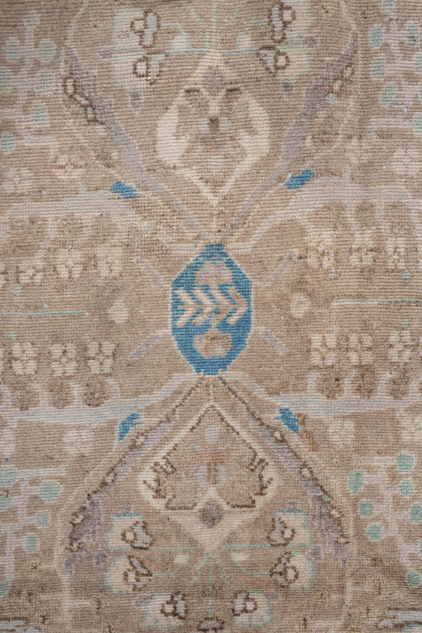 4' x 9' one-of-a-kind handmade antique Hamadan runner rug. Color palette: taupe, ivory, sky blue, beige, sand, pale aqua