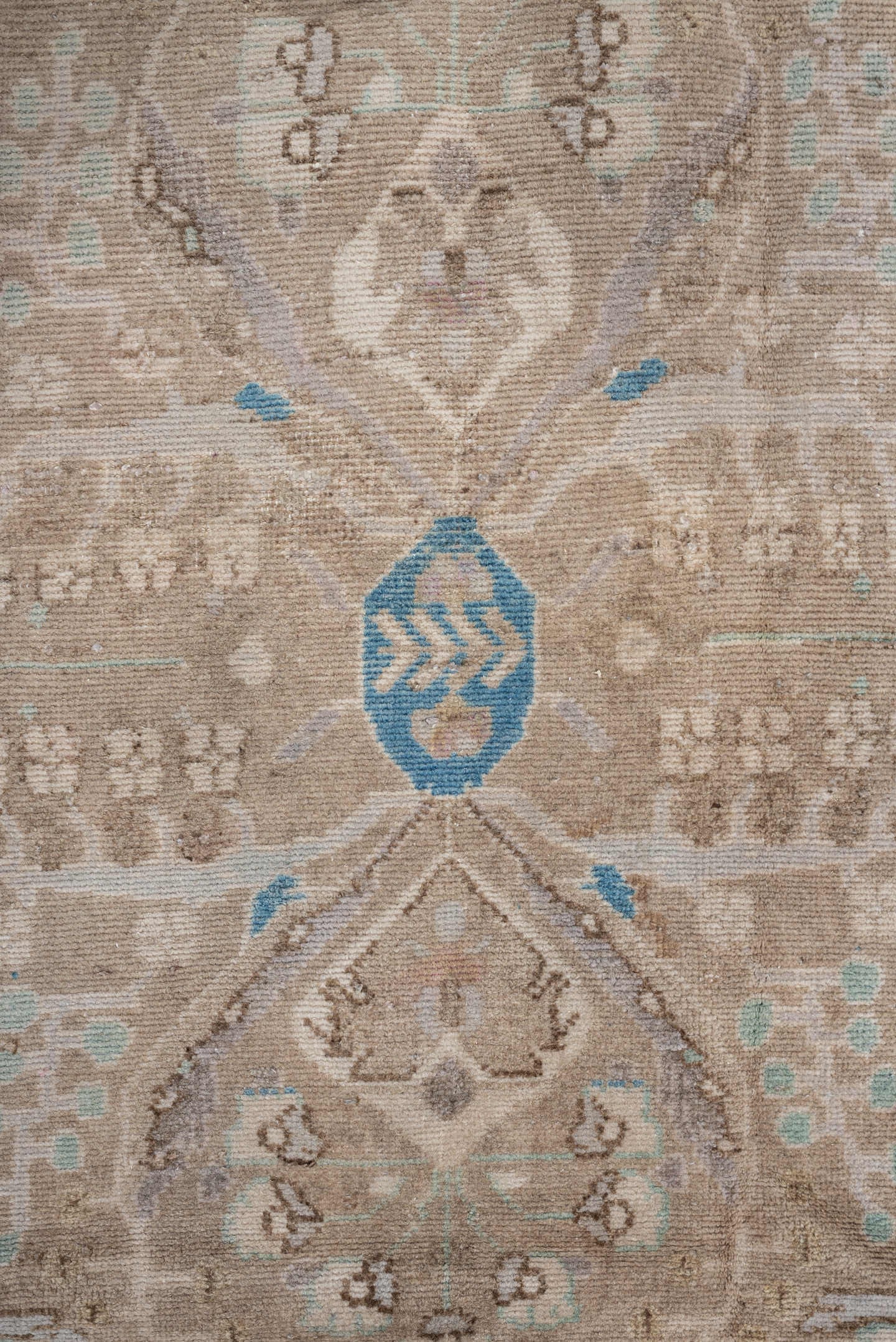 4' x 9' one-of-a-kind handmade antique Hamadan runner rug. Color palette: taupe, ivory, sky blue, beige, sand, pale aqua