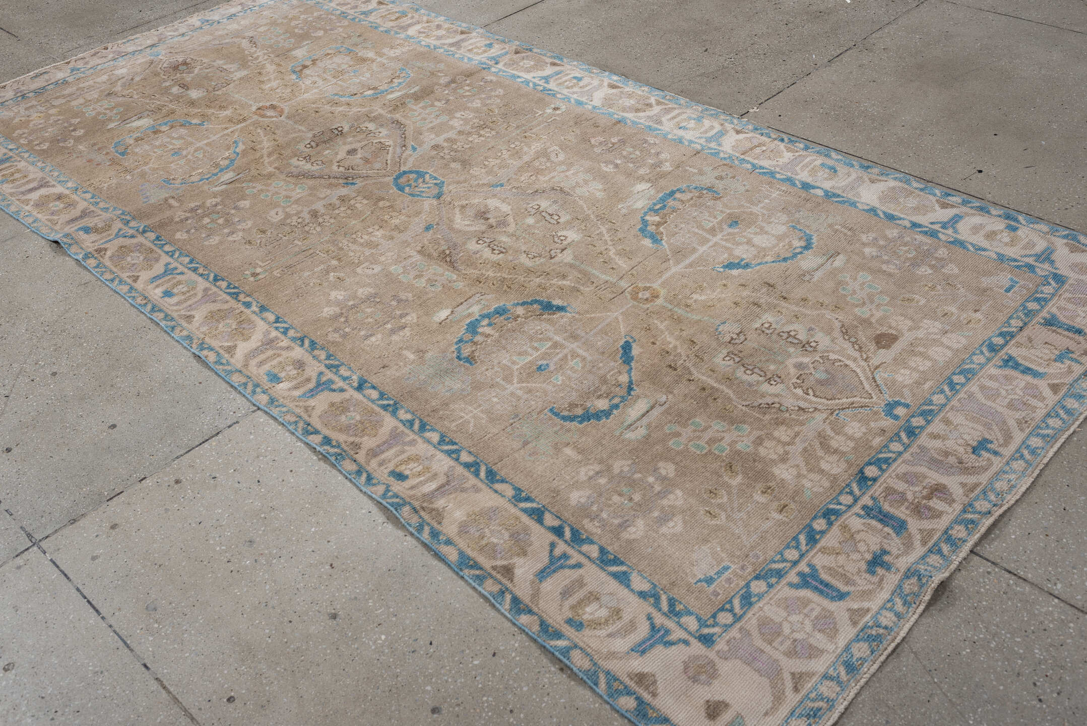 4' x 9' one-of-a-kind handmade antique Hamadan runner rug. Color palette: taupe, ivory, sky blue, beige, sand, pale aqua