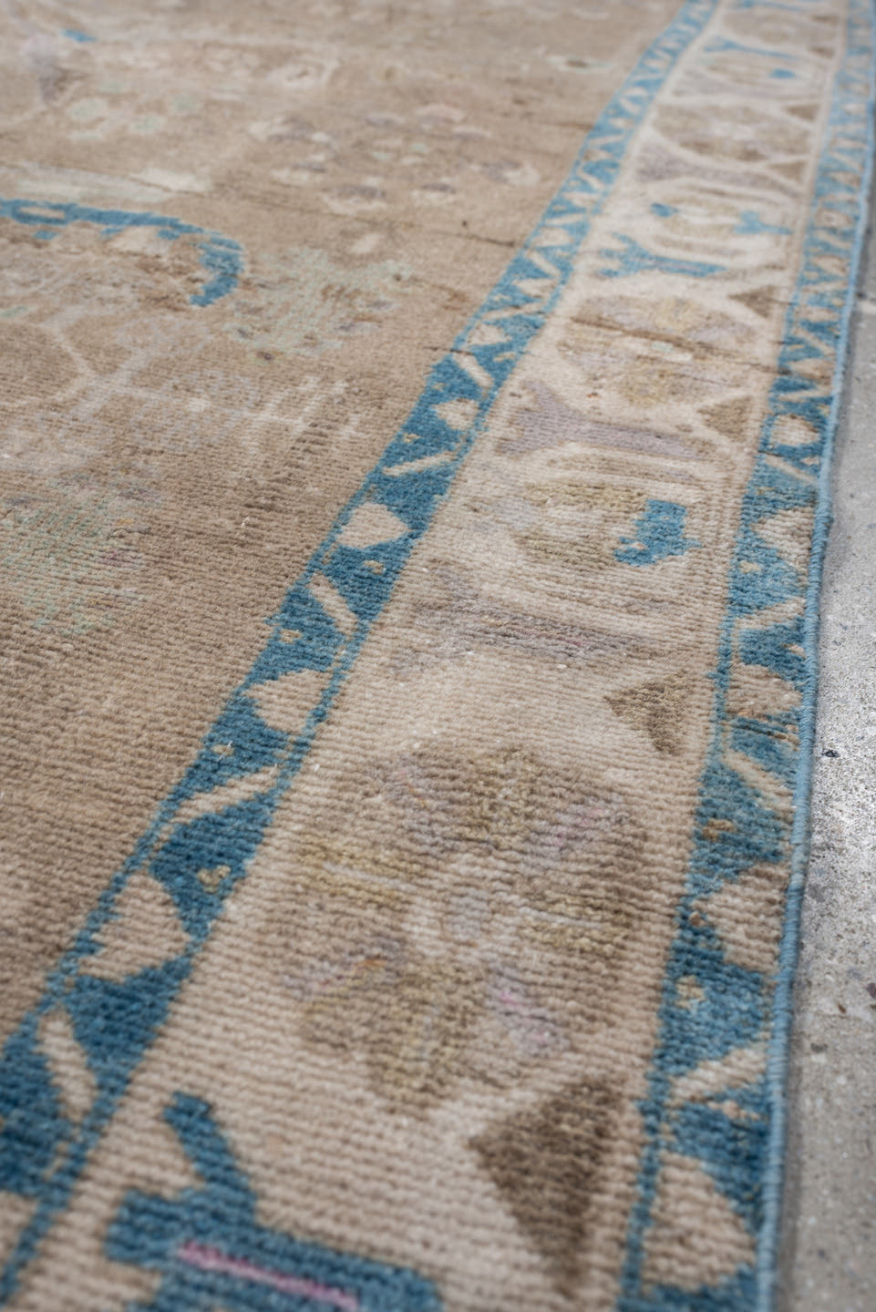4' x 9' one-of-a-kind handmade antique Hamadan runner rug. Color palette: taupe, ivory, sky blue, beige, sand, pale aqua