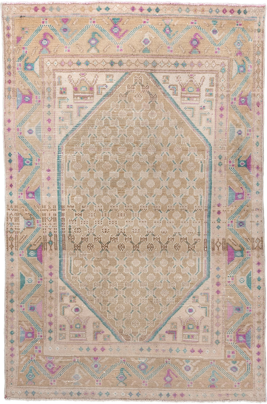 3' x 5' one-of-a-kind handmade antique Hamadan small size rug. Color palette: camel, ivory, aqua, rose, taupe, sand, beige