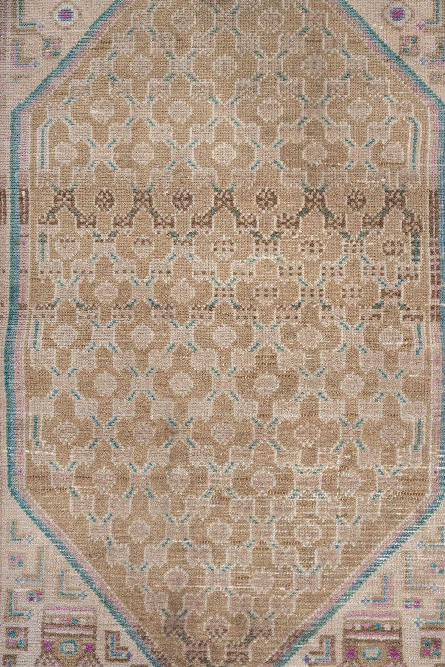 3' x 5' one-of-a-kind handmade antique Hamadan small size rug. Color palette: camel, ivory, aqua, rose, taupe, sand, beige