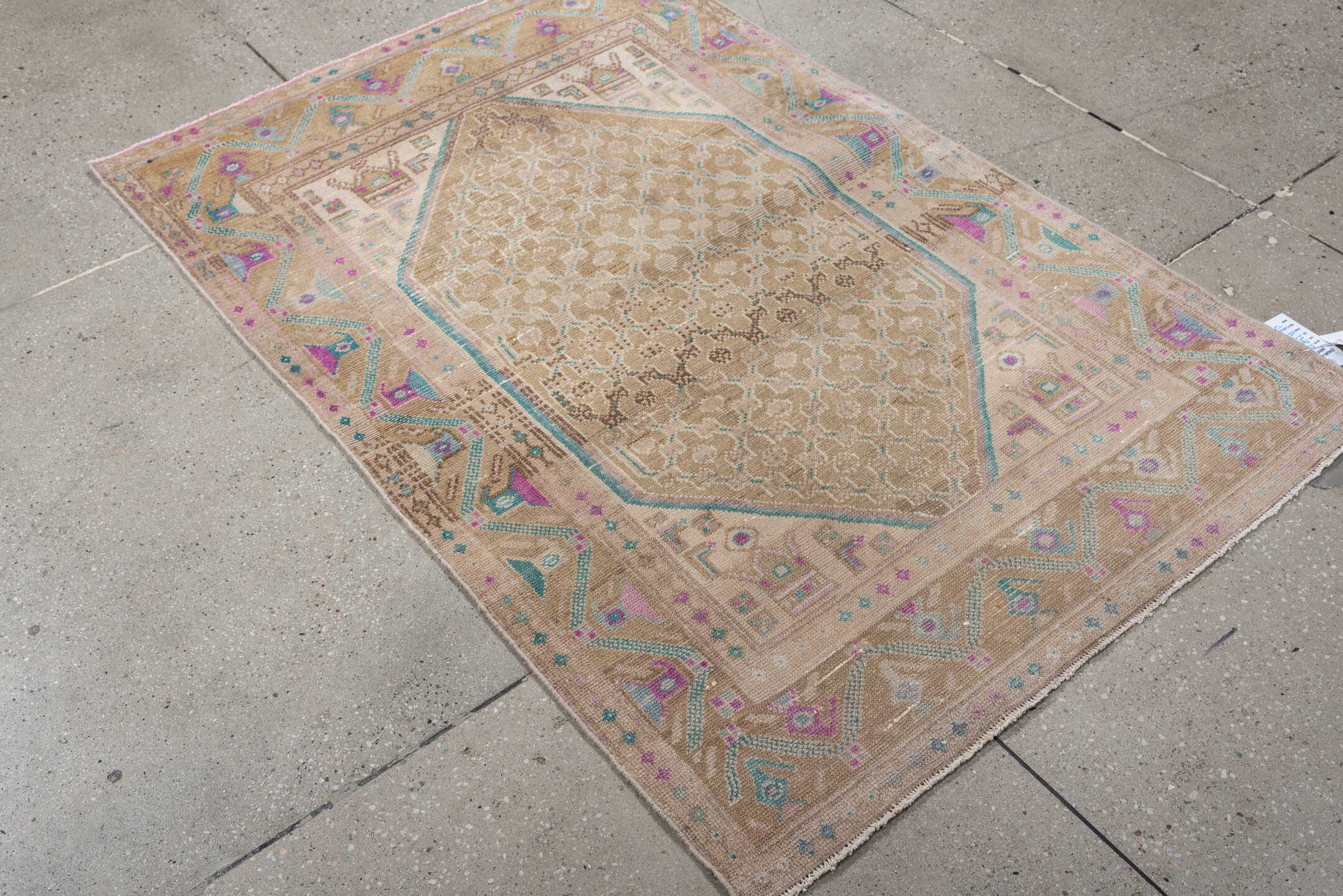 3' x 5' one-of-a-kind handmade antique Hamadan small size rug. Color palette: camel, ivory, aqua, rose, taupe, sand, beige