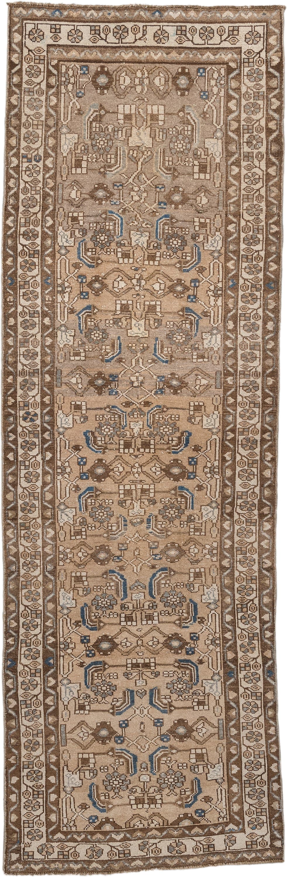 2' x 8' one-of-a-kind handmade antique Hamadan runner rug. Color palette: camel, taupe, ivory, brown, slate, blue, beige