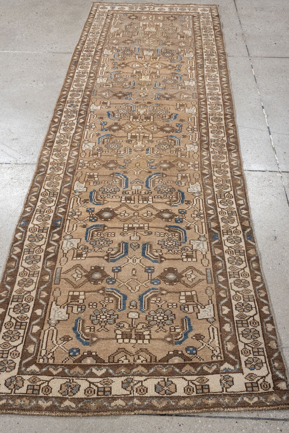 2' x 8' one-of-a-kind handmade antique Hamadan runner rug. Color palette: camel, taupe, ivory, brown, slate, blue, beige