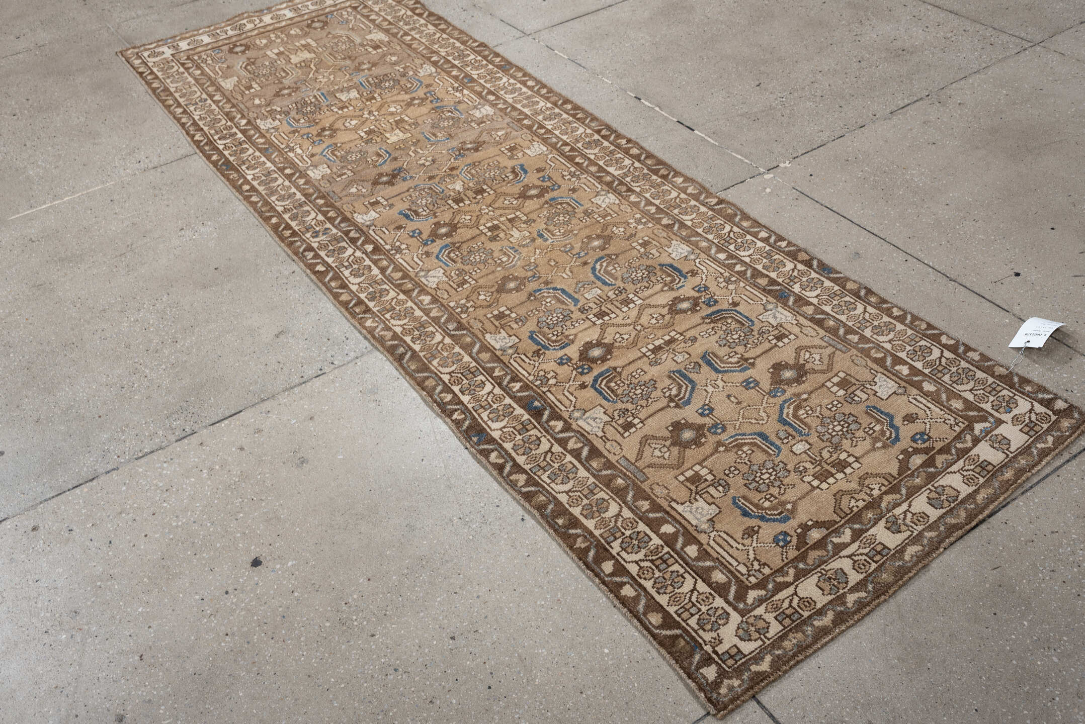 2' x 8' one-of-a-kind handmade antique Hamadan runner rug. Color palette: camel, taupe, ivory, brown, slate, blue, beige