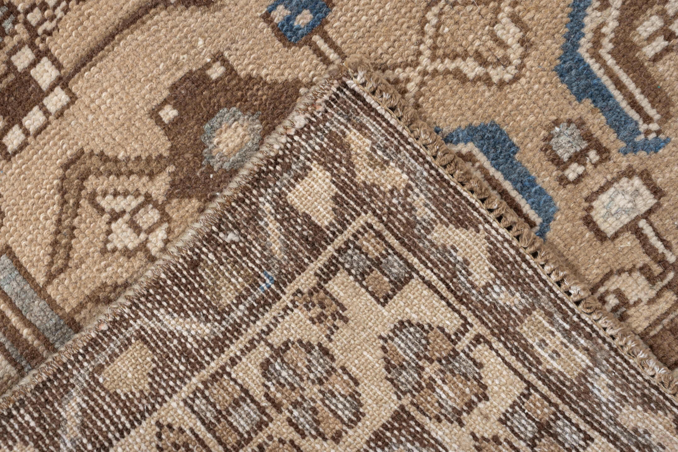 2' x 8' one-of-a-kind handmade antique Hamadan runner rug. Color palette: camel, taupe, ivory, brown, slate, blue, beige