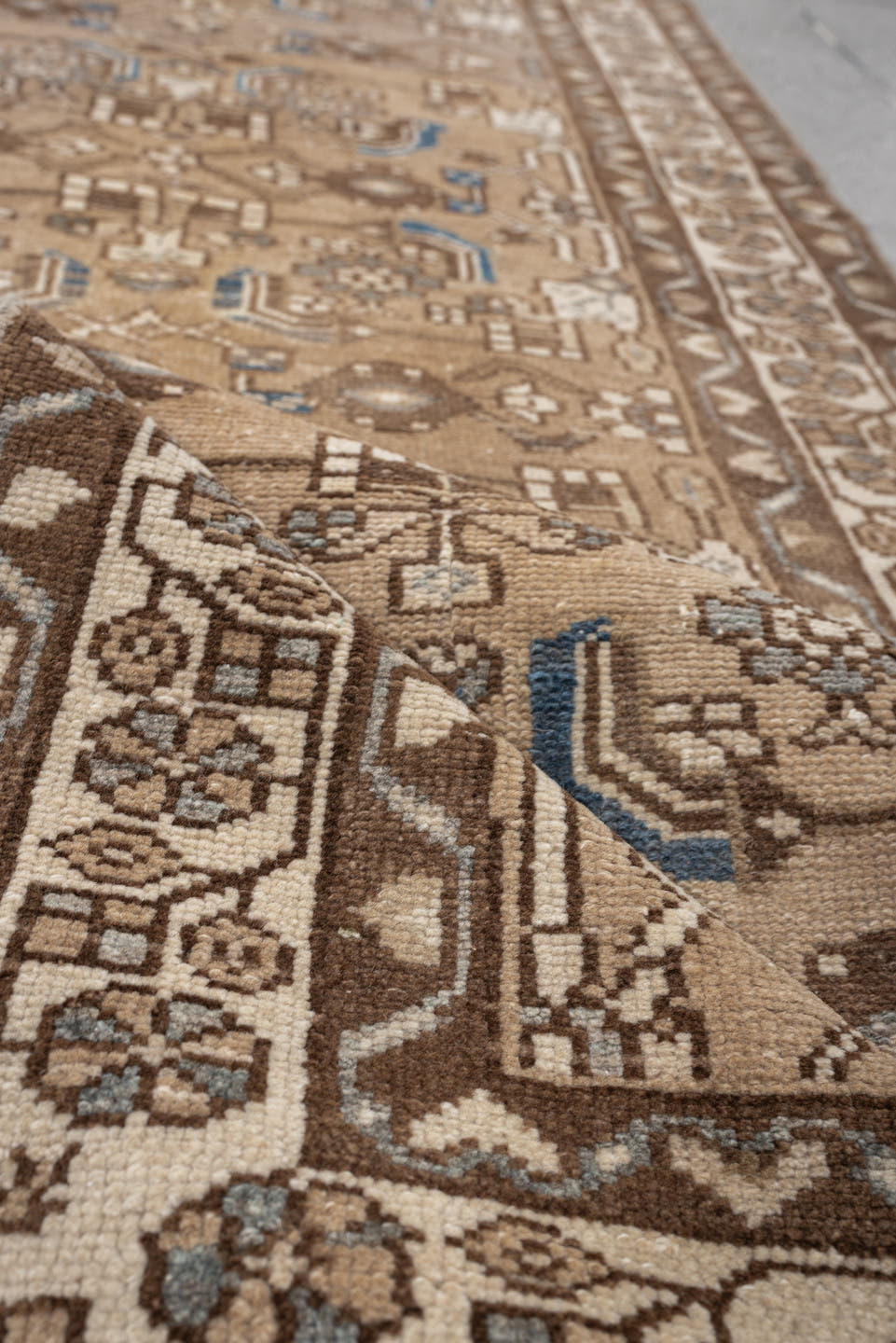 2' x 8' one-of-a-kind handmade antique Hamadan runner rug. Color palette: camel, taupe, ivory, brown, slate, blue, beige