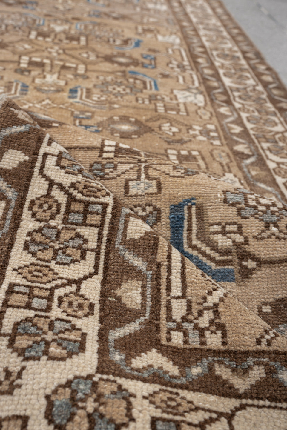 2' x 8' one-of-a-kind handmade antique Hamadan runner rug. Color palette: camel, taupe, ivory, brown, slate, blue, beige