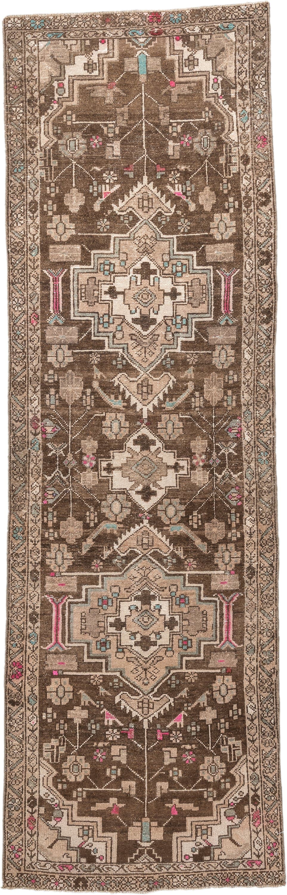 2' x 8' one-of-a-kind handmade antique Hamadan runner rug. Color palette: brown, ivory, taupe, sky blue, rose, charcoal