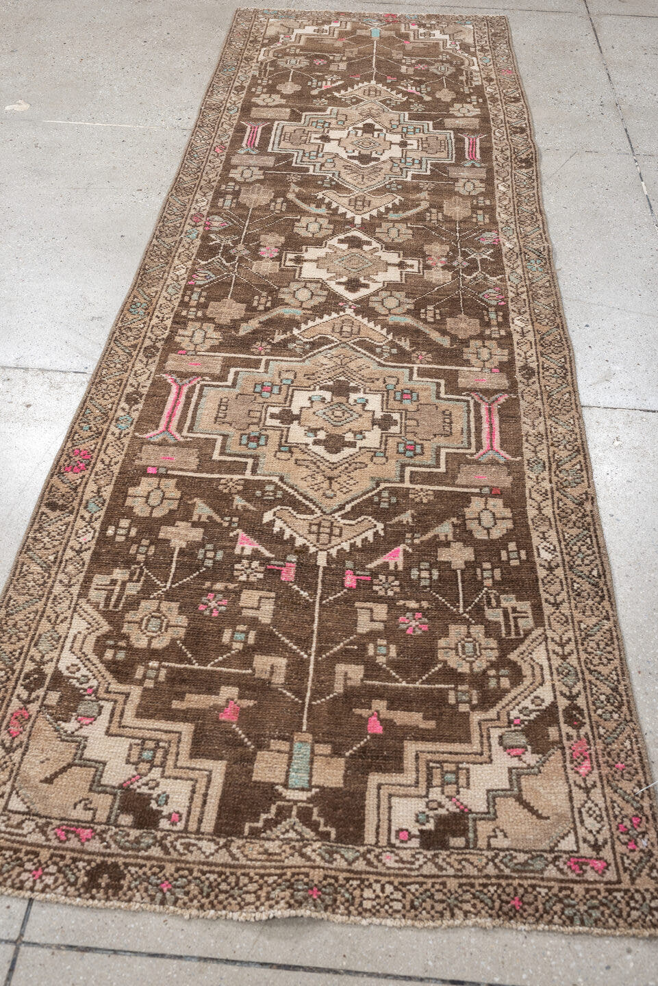 2' x 8' one-of-a-kind handmade antique Hamadan runner rug. Color palette: brown, ivory, taupe, sky blue, rose, charcoal