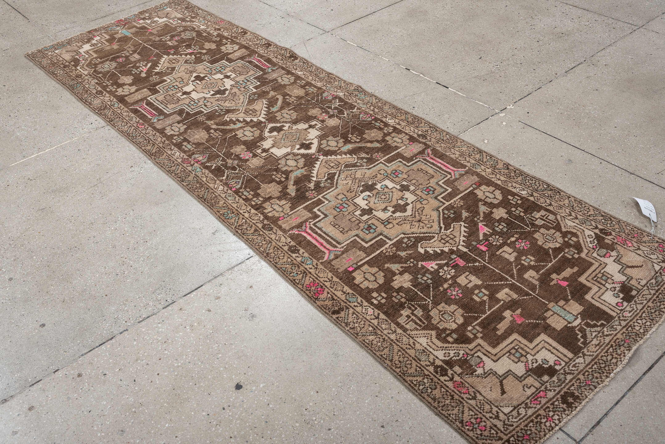 2' x 8' one-of-a-kind handmade antique Hamadan runner rug. Color palette: brown, ivory, taupe, sky blue, rose, charcoal