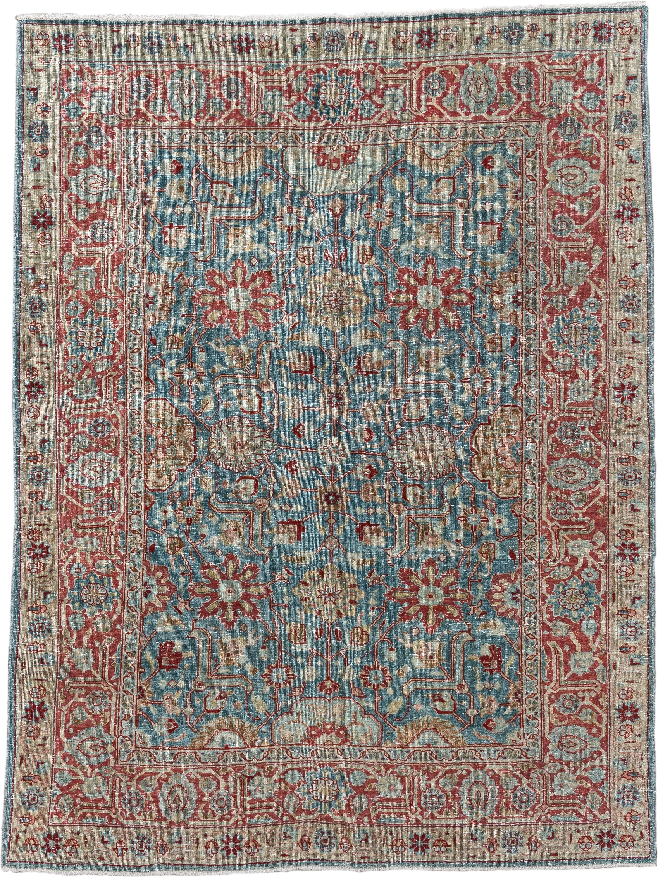 4' x 5' one-of-a-kind handmade antique Tabriz small size rug. Color palette: sky blue, terracotta, ivory, rust, sage, camel