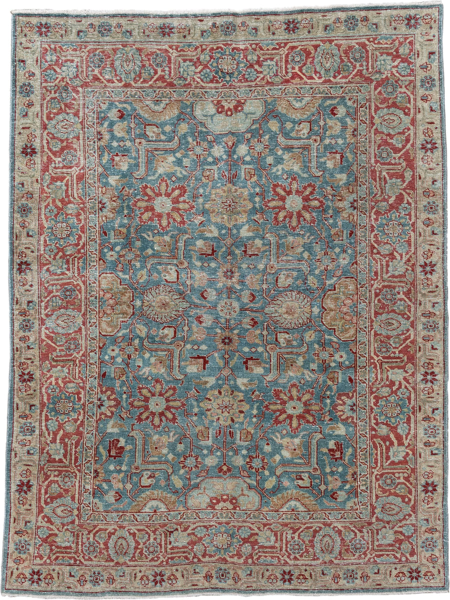 4' x 5' one-of-a-kind handmade antique Tabriz small size rug. Color palette: sky blue, terracotta, ivory, rust, sage, camel