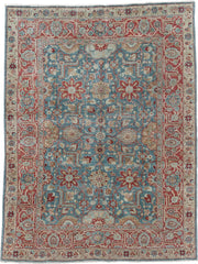 4' x 5' one-of-a-kind handmade antique Tabriz small size rug. Color palette: sky blue, terracotta, ivory, rust, sage, camel