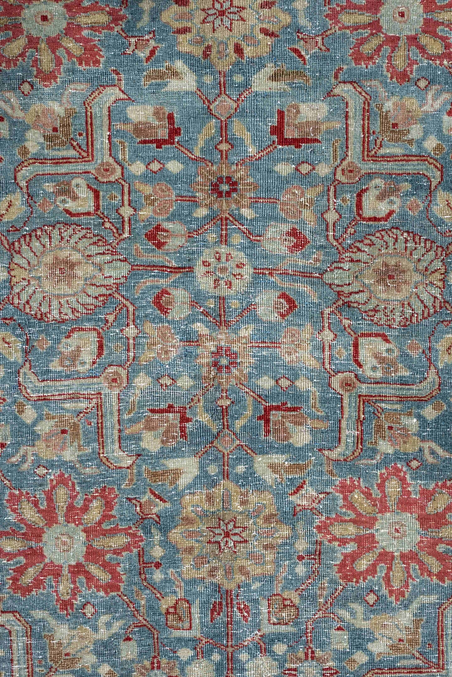 4' x 5' one-of-a-kind handmade antique Tabriz small size rug. Color palette: sky blue, terracotta, ivory, rust, sage, camel