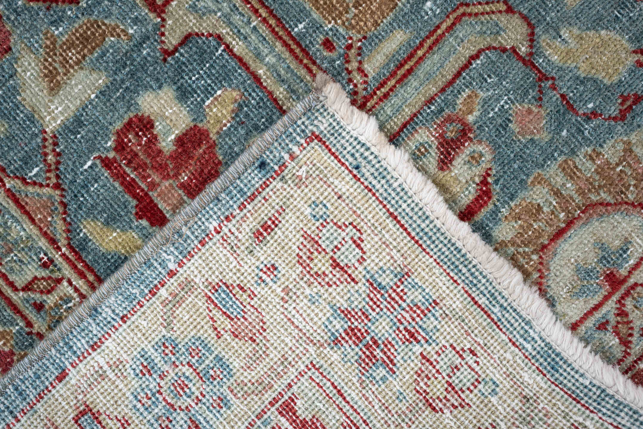 4' x 5' one-of-a-kind handmade antique Tabriz small size rug. Color palette: sky blue, terracotta, ivory, rust, sage, camel