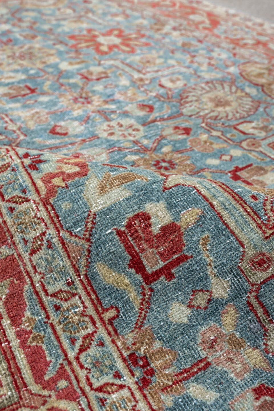 4' x 5' one-of-a-kind handmade antique Tabriz small size rug. Color palette: sky blue, terracotta, ivory, rust, sage, camel