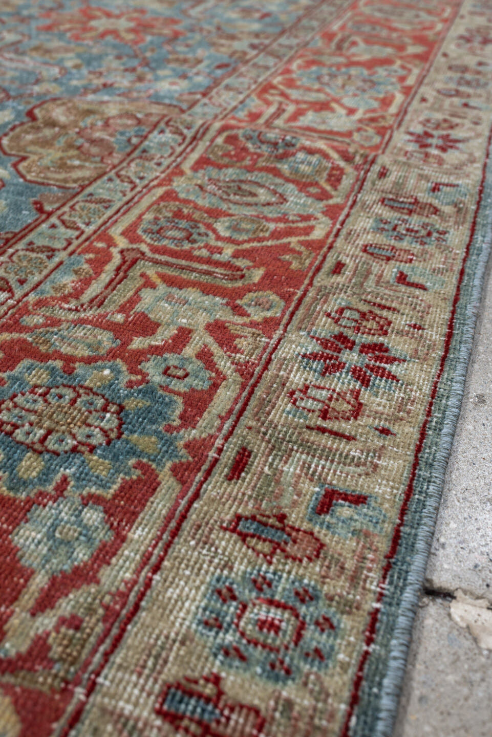4' x 5' one-of-a-kind handmade antique Tabriz small size rug. Color palette: sky blue, terracotta, ivory, rust, sage, camel