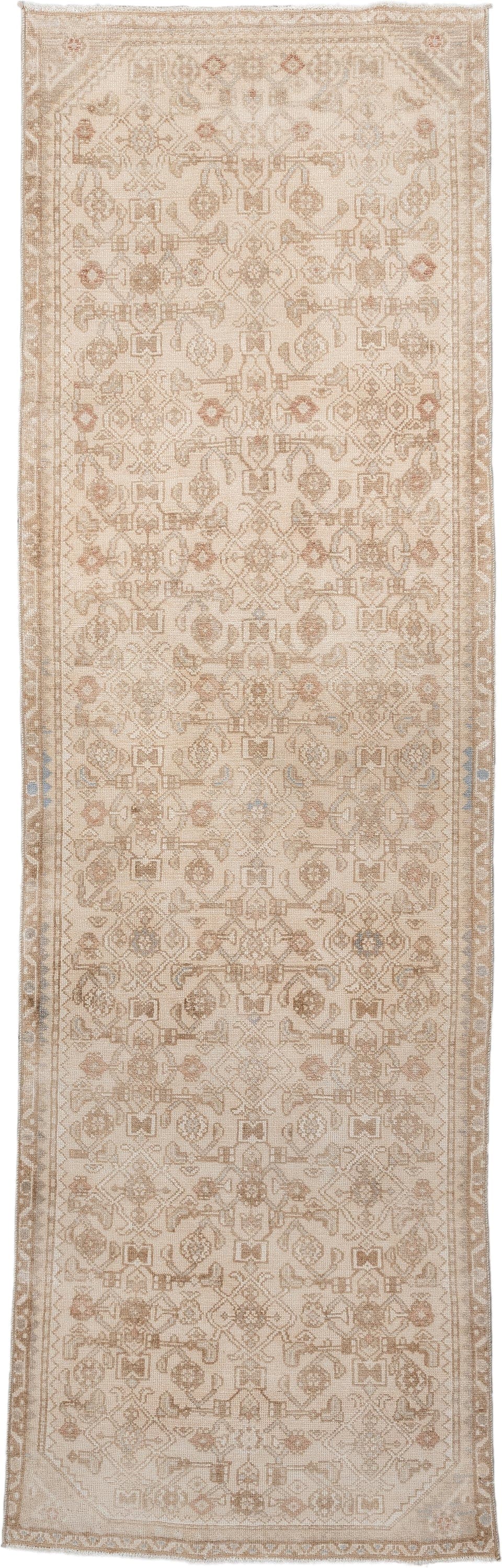 2' x 9' one-of-a-kind handmade antique Hamadan runner rug. Color palette: ivory, camel, taupe, sand, rose, pale_blue, beige