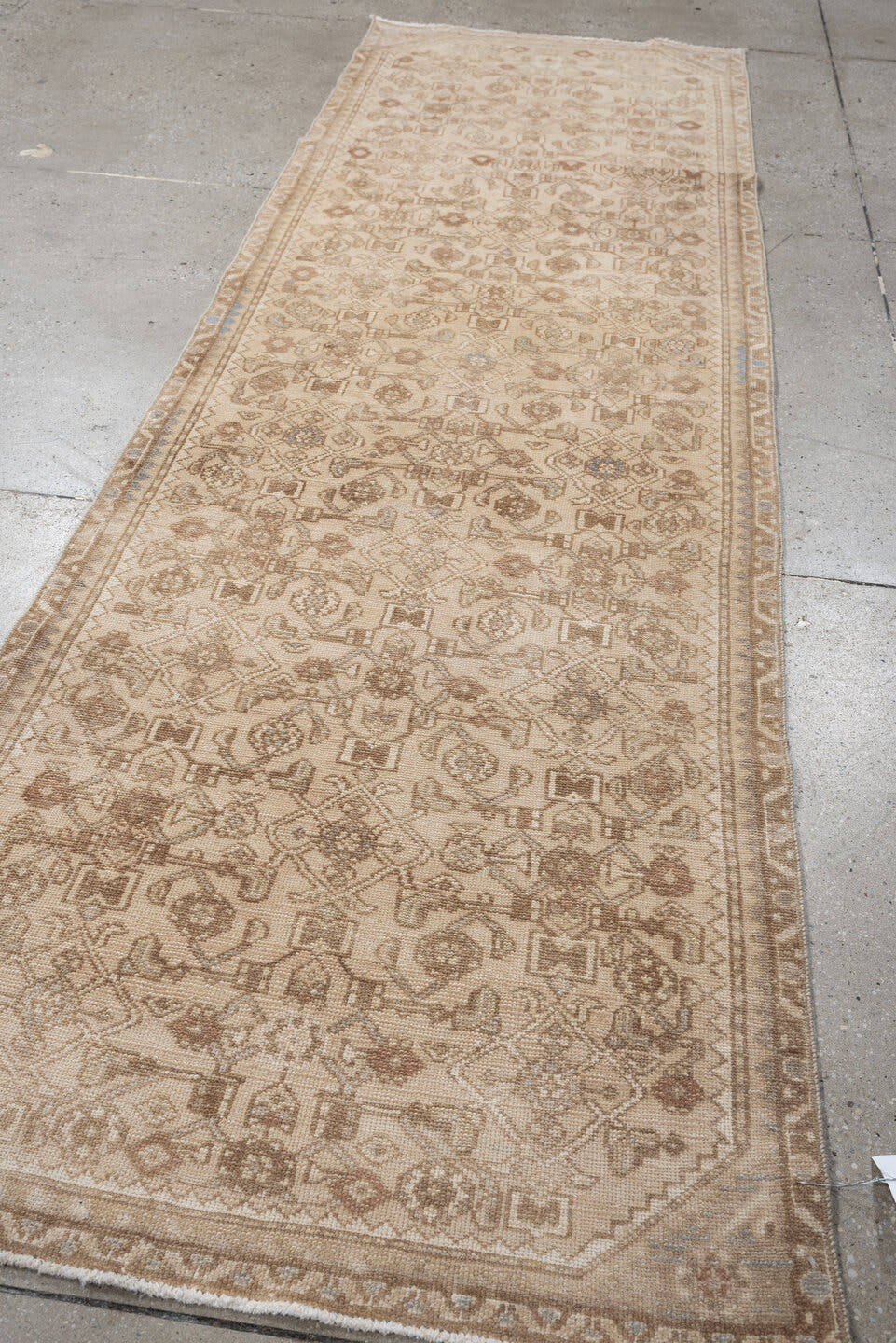2' x 9' one-of-a-kind handmade antique Hamadan runner rug. Color palette: ivory, camel, taupe, sand, rose, pale_blue, beige