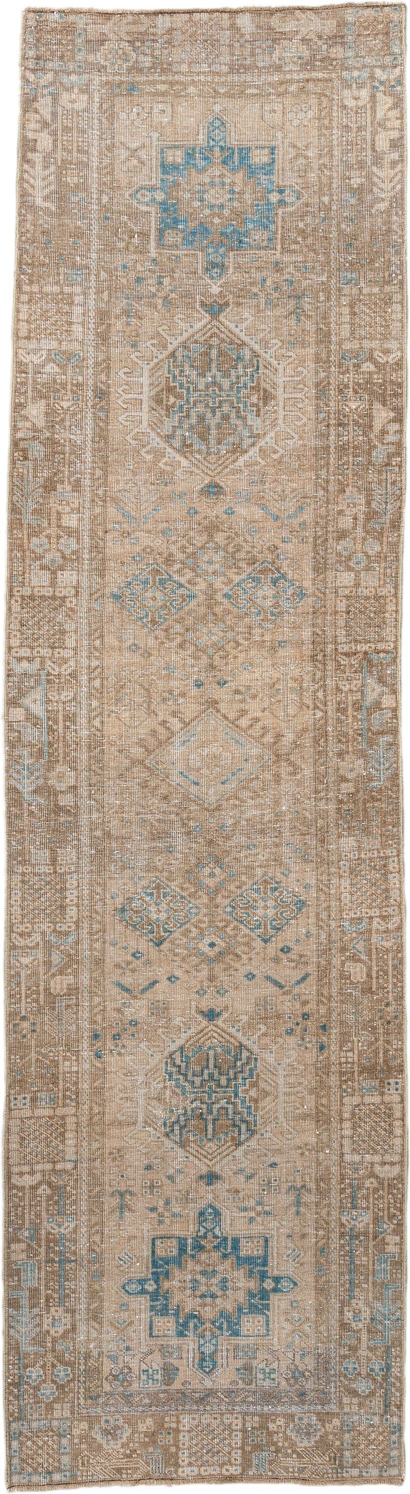 2' x 10' one-of-a-kind handmade antique Sarab runner rug. Color palette: taupe, ivory, sky blue, camel, beige, sand