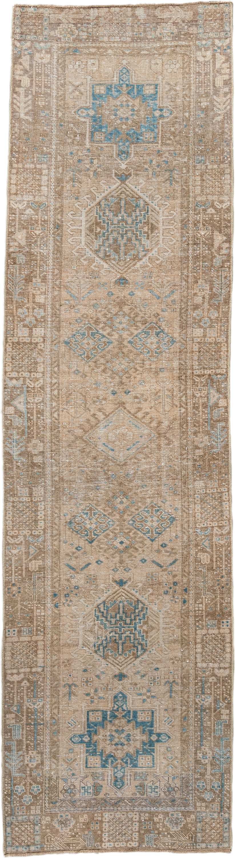 2' x 10' one-of-a-kind handmade antique Sarab runner rug. Color palette: taupe, ivory, sky blue, camel, beige, sand