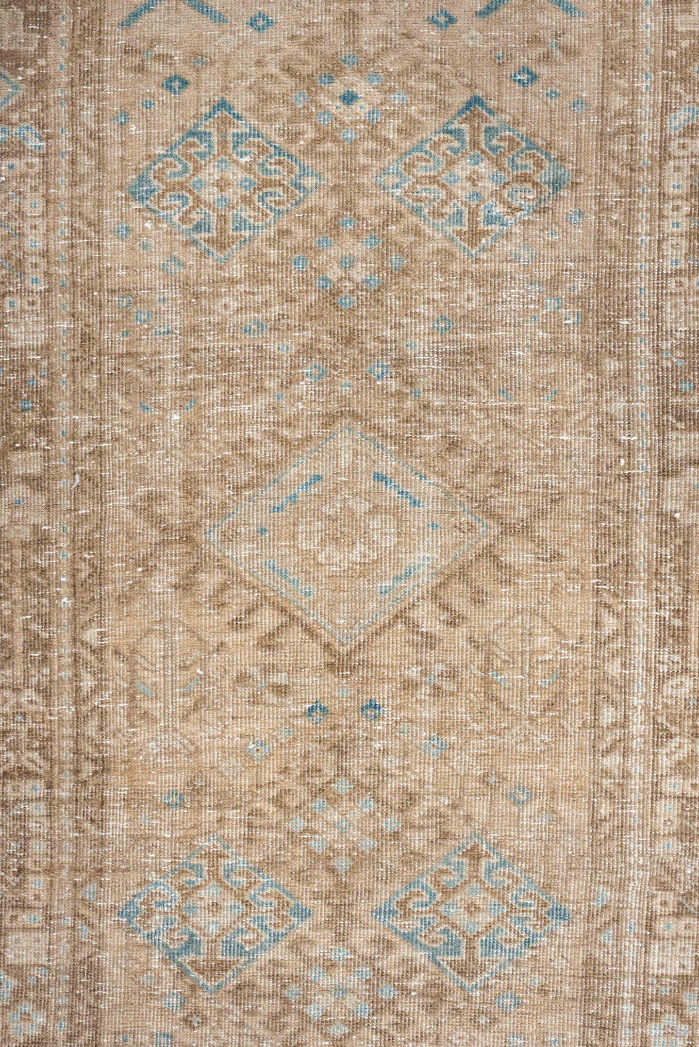 2' x 10' one-of-a-kind handmade antique Sarab runner rug. Color palette: taupe, ivory, sky blue, camel, beige, sand