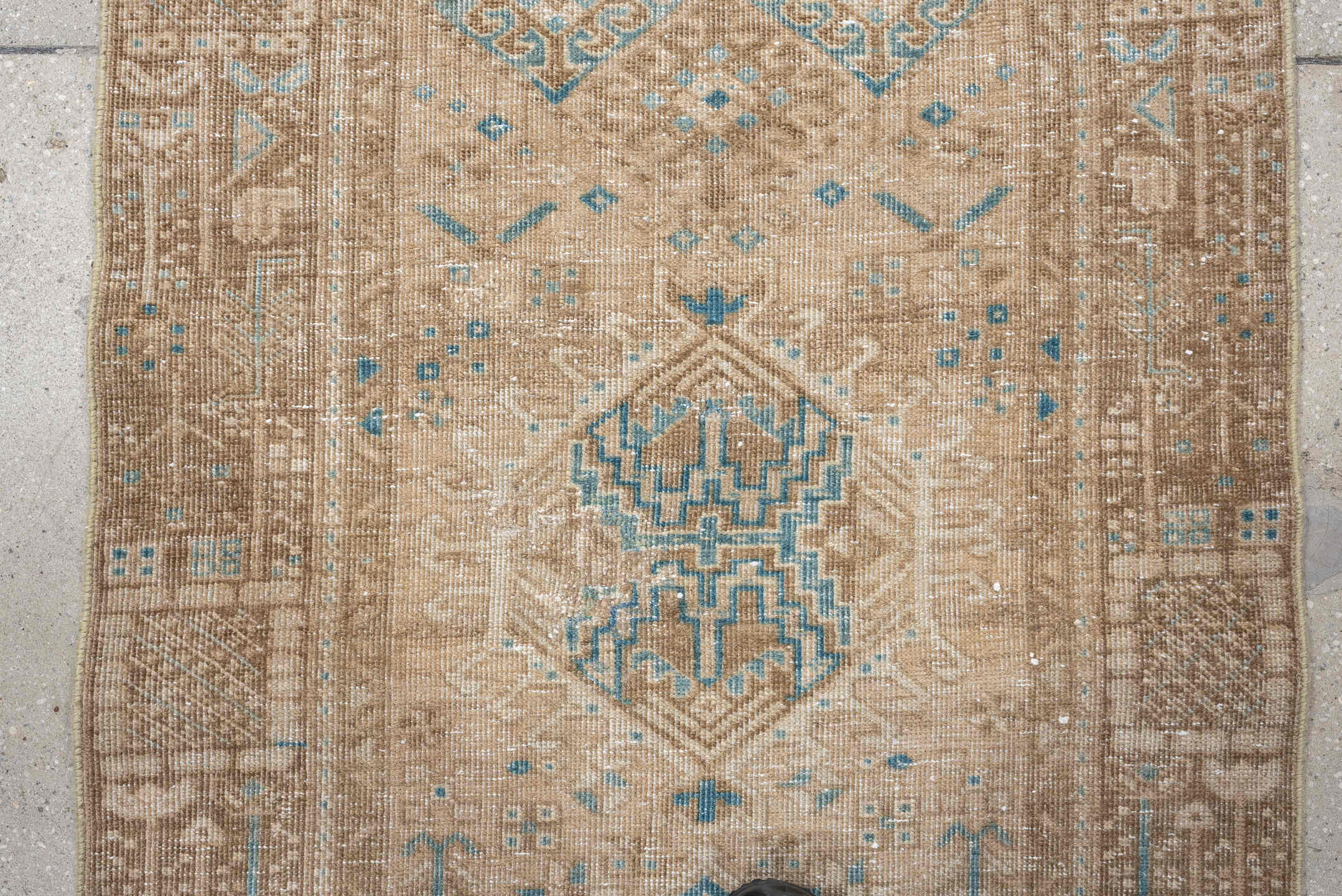 2' x 10' one-of-a-kind handmade antique Sarab runner rug. Color palette: taupe, ivory, sky blue, camel, beige, sand