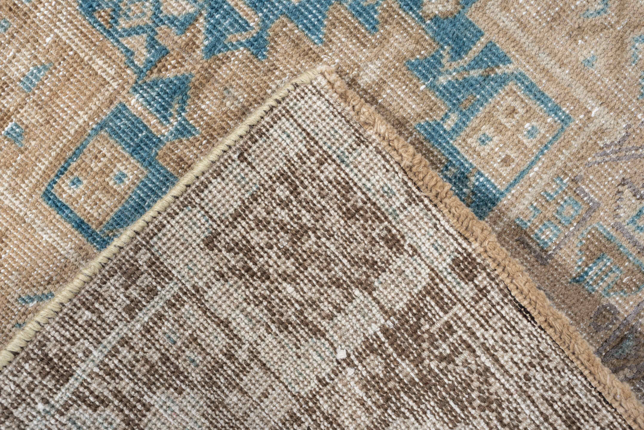 2' x 10' one-of-a-kind handmade antique Sarab runner rug. Color palette: taupe, ivory, sky blue, camel, beige, sand
